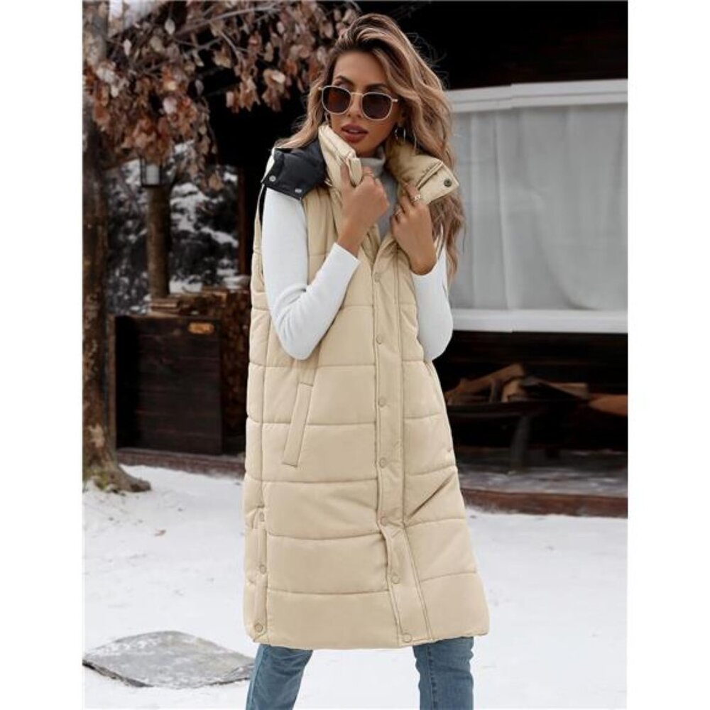 Women's Long Puffer Vest Jacket Sleeveless  Vest Zip Up Winter Coat Fall Vest - Picture 4 of 5